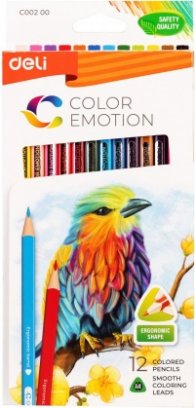 Цветни моливи Deli Color Emotion EC00200, 12 цвята,триъгълно тяло от липово дърво