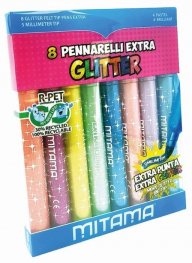 Флумастери с брокат MITAMA Jumbo Extra Glitter връх 5 мм, 8 интензивни цвята, PVC опаковка